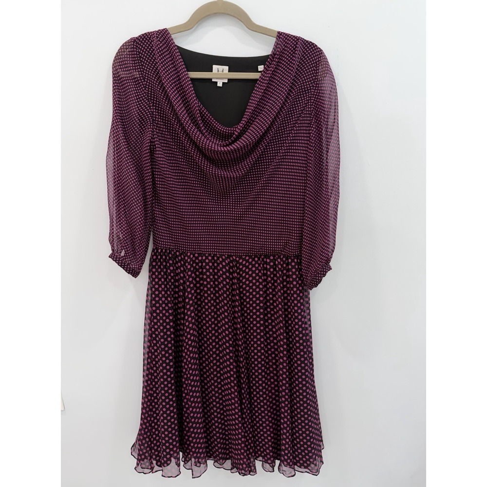 Halston Heritage 100% Silk Polka Dot Dress Pink Black Cowl Neck Long Sleeve 8